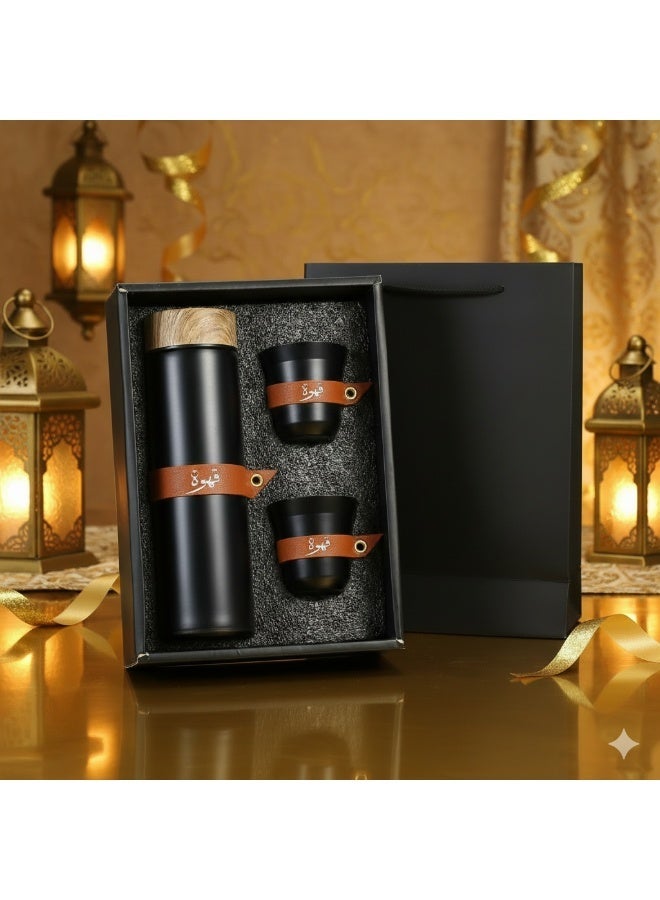 3pcs رمضان القهوة هدية مجموعة - 400ml معزول الفولاذ المقاوم للصدأ زجاجة ماء + 2pcs 80ml الجلود الأكمام الكؤوس، تسرب واقية بهلوان مع غطاء الحبوب الخشبية، مثالية للحج / الزفاف / التجمعات العائلية - Image 1